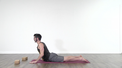 Yogi is practising yoga on a blue yoga mat on white background